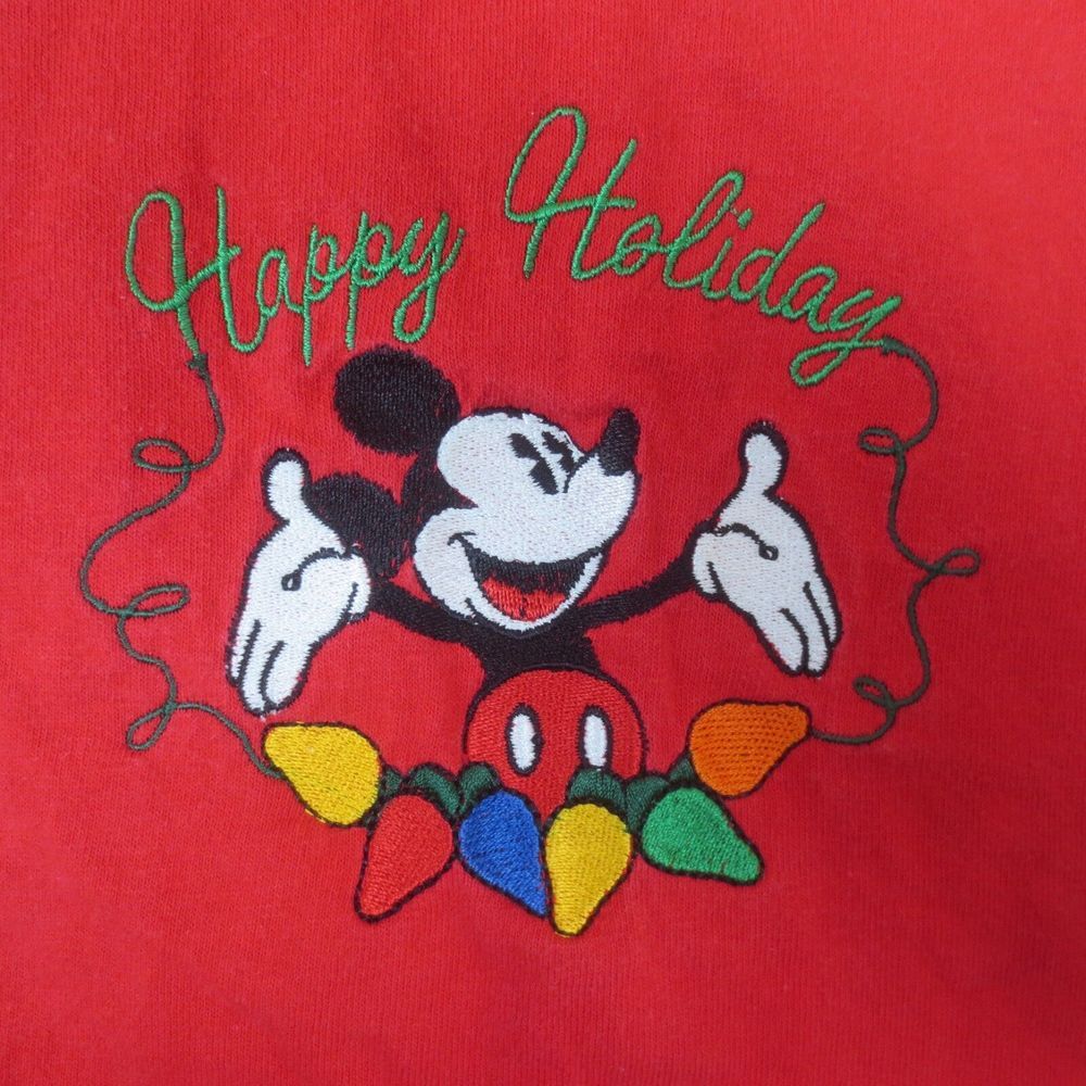VTG Disneys Mickey Mouse T Shirt Womens M* Red L/S Embroidered Holiday Christmas